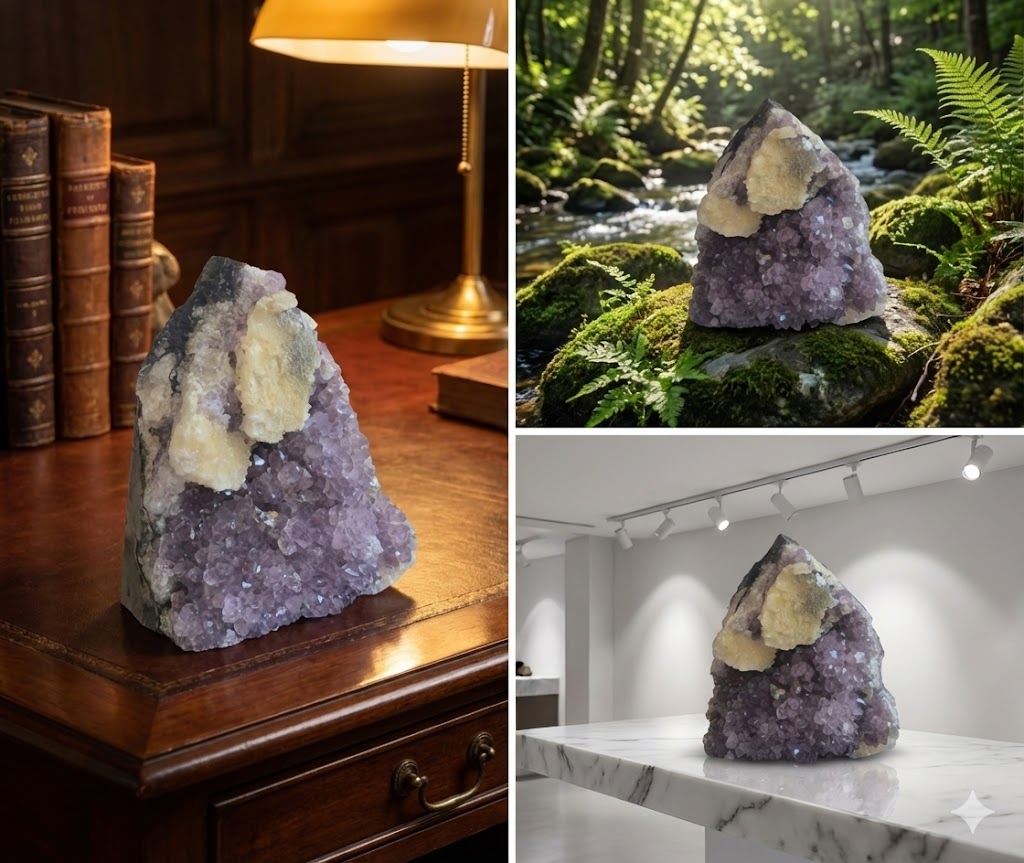 Detalhes da formação mineral da Drusa de Ametista Natural com Calcita em peça exclusiva e 100% natural