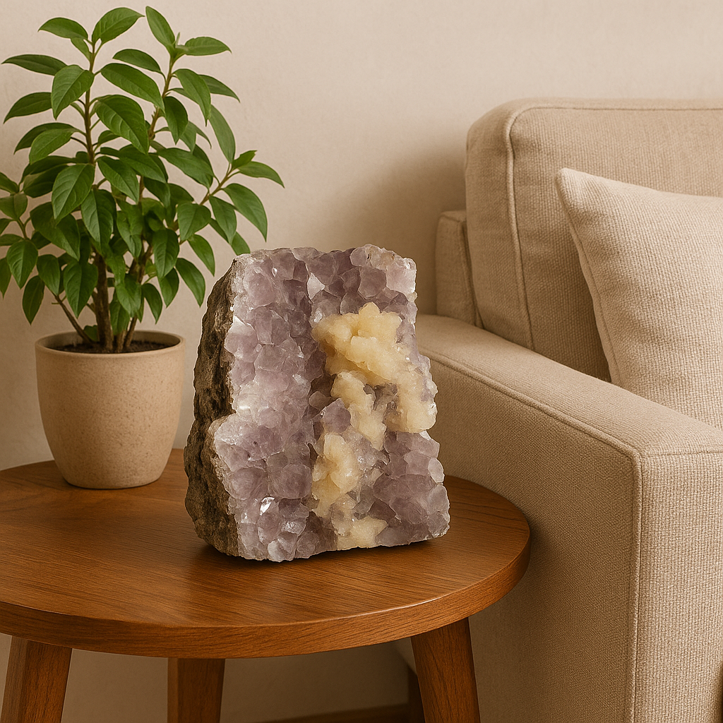 Drusa Premium de Ametista com Calcita Mel fotografada em ambiente decorativo com iluminação aconchegante