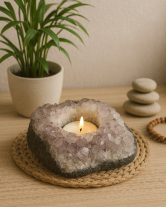 Drusa de ametista natural polida utilizada como suporte para vela.