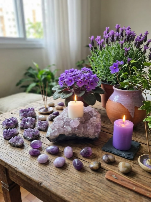 Drusa de ametista natural utilizada como porta-velas artesanal em cristal violeta.
