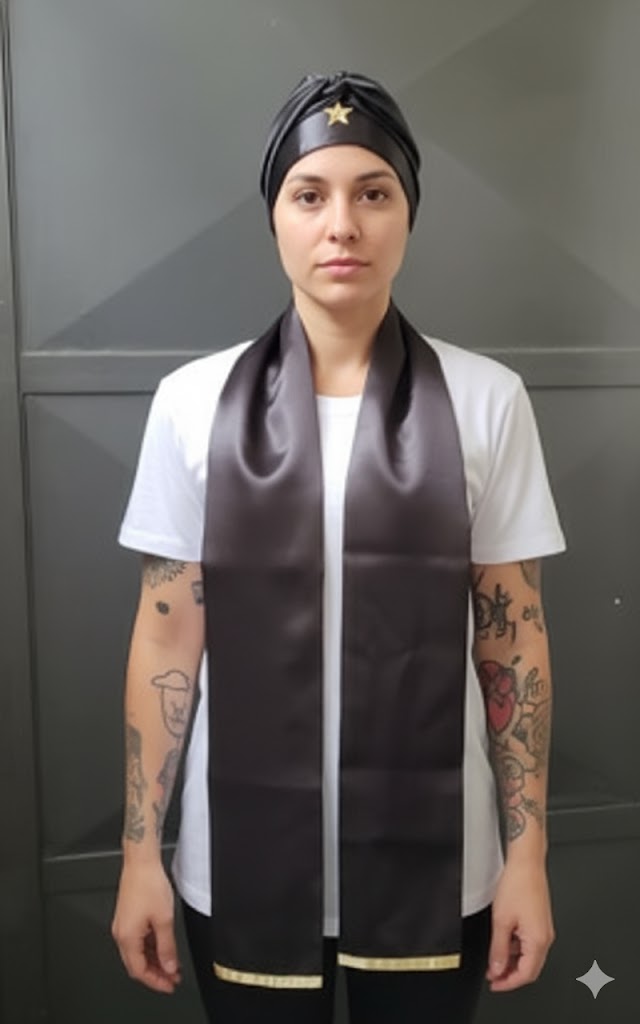 Estola e Filá Feminino Preto Roupas Umbanda Axê Terreiro Laroyê Gira Esquerda Sacerdote Medium