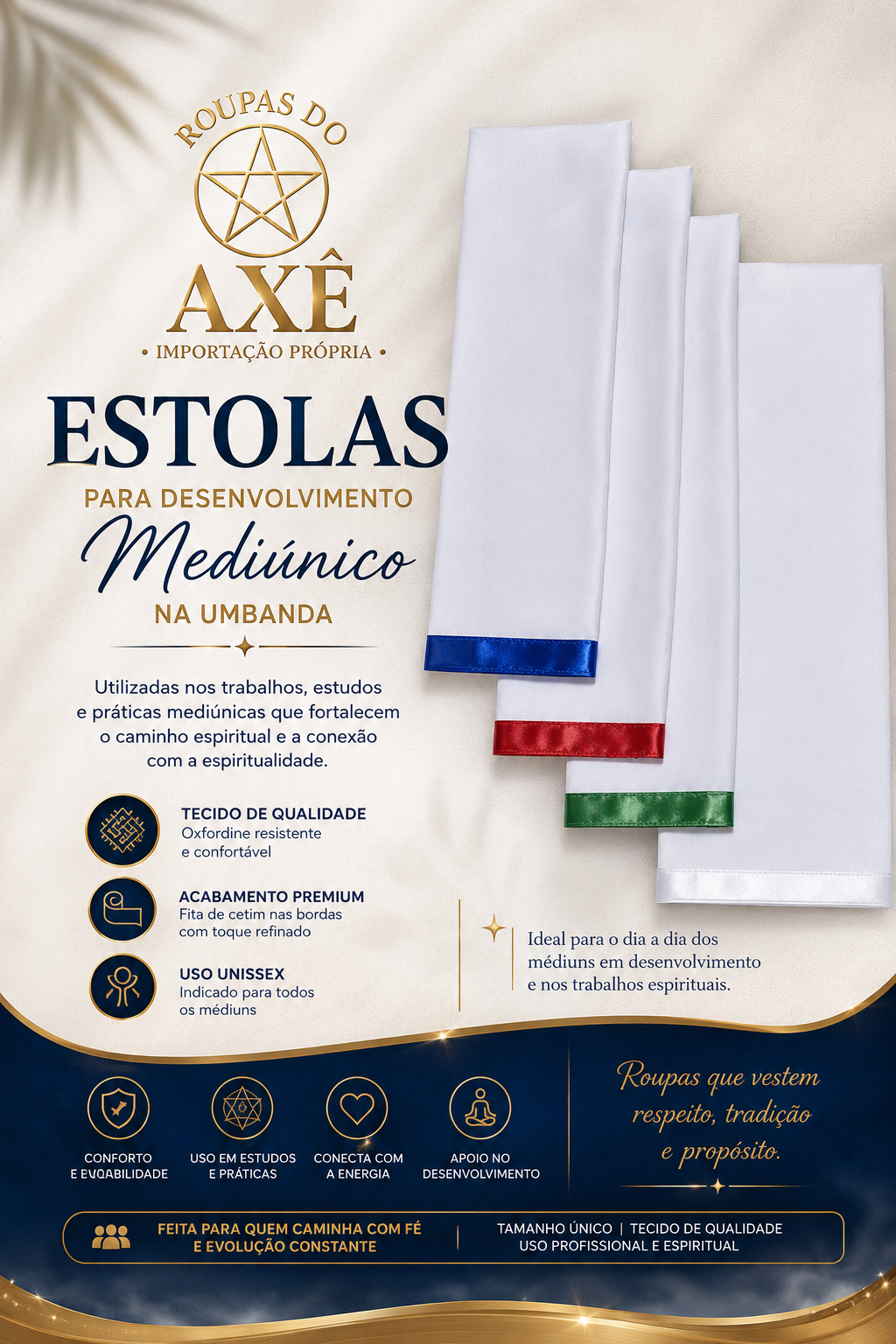 Estola para médiuns com acabamento em fita de cetim e tamanho único.
