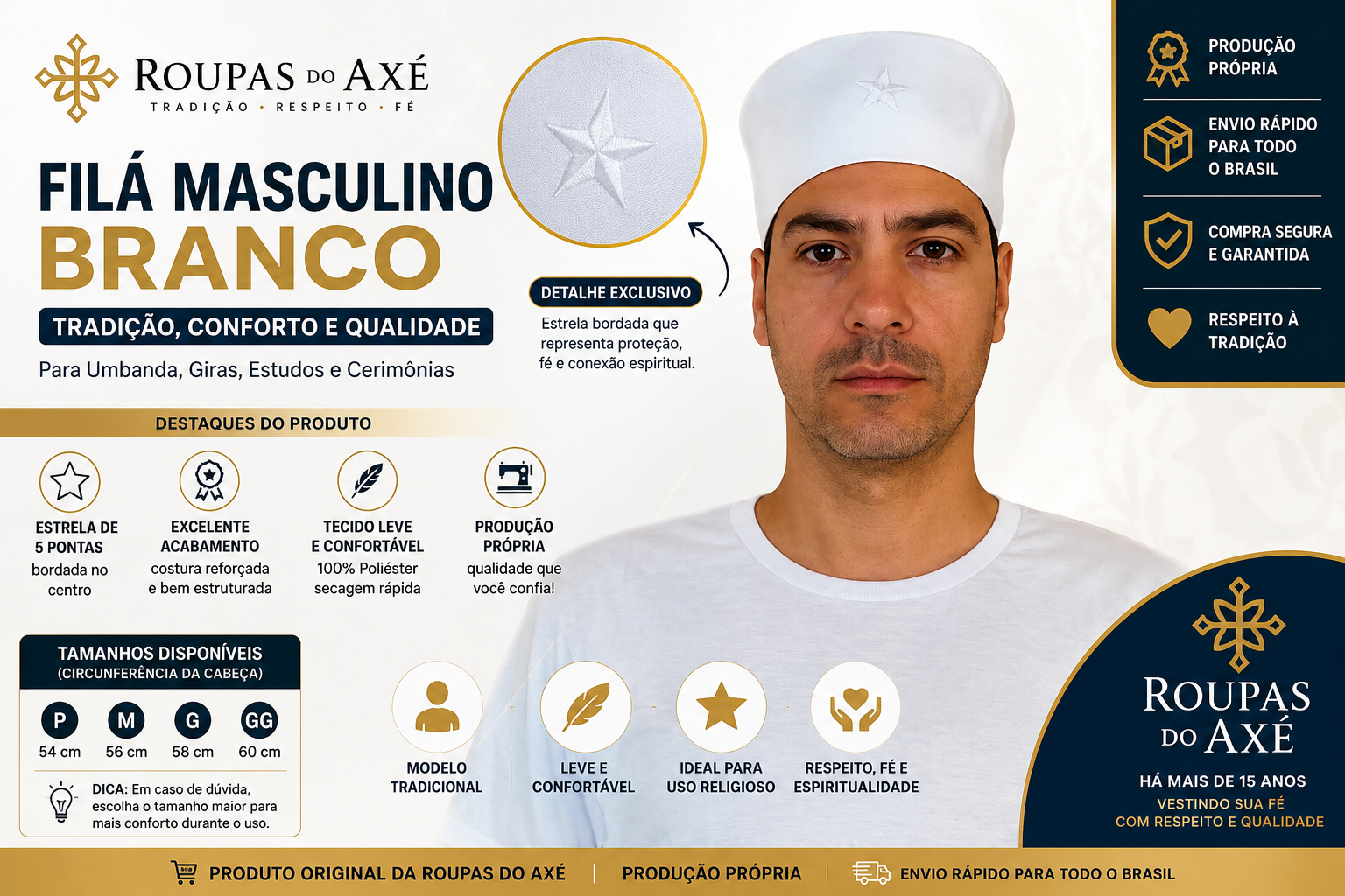 Filá Masculino Branco em tamanhos  P, M, G e GG