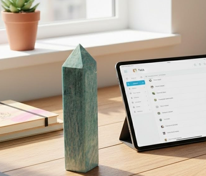 Obelisco de Amazonita Natural para decoração de ambientes, altar, coleção de minerais e espaço espiritual.