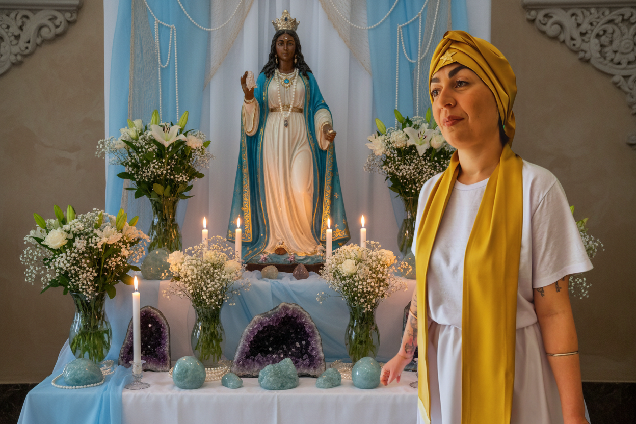 Pano de Cabeça e Estola Feminino Sacerdotal Dourado Turbante Roupas de Umbanda Terreiro