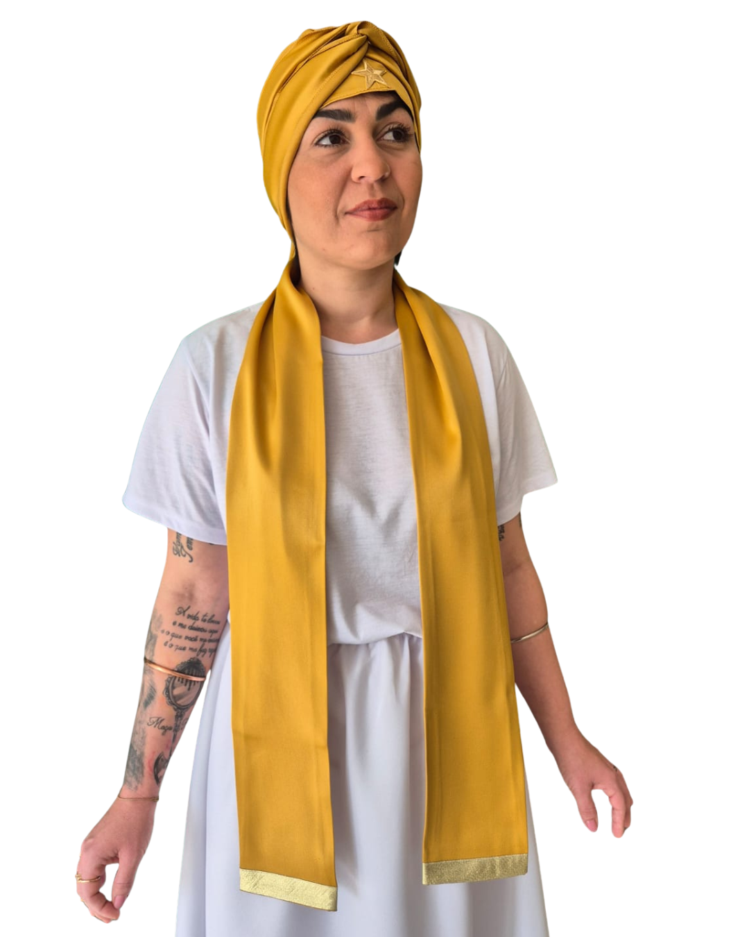 Pano de Cabeça e Estola Feminino Sacerdotal Dourado Turbante Roupas de Umbanda Terreiro