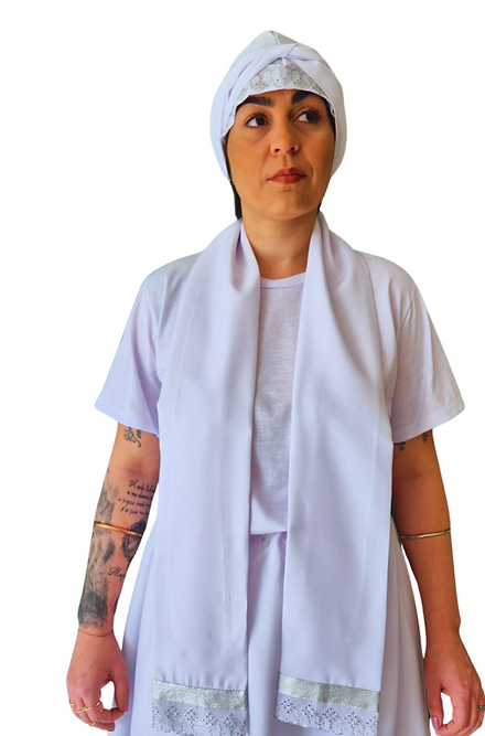 Pano de Cabeça e Estola Feminino Sacerdotal barra Dourada Roupas Umbanda Axê Terreiro Sacerdotiza Medium Gira 