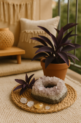 Pedra natural ametista transformada em elegante porta-velas decorativo.