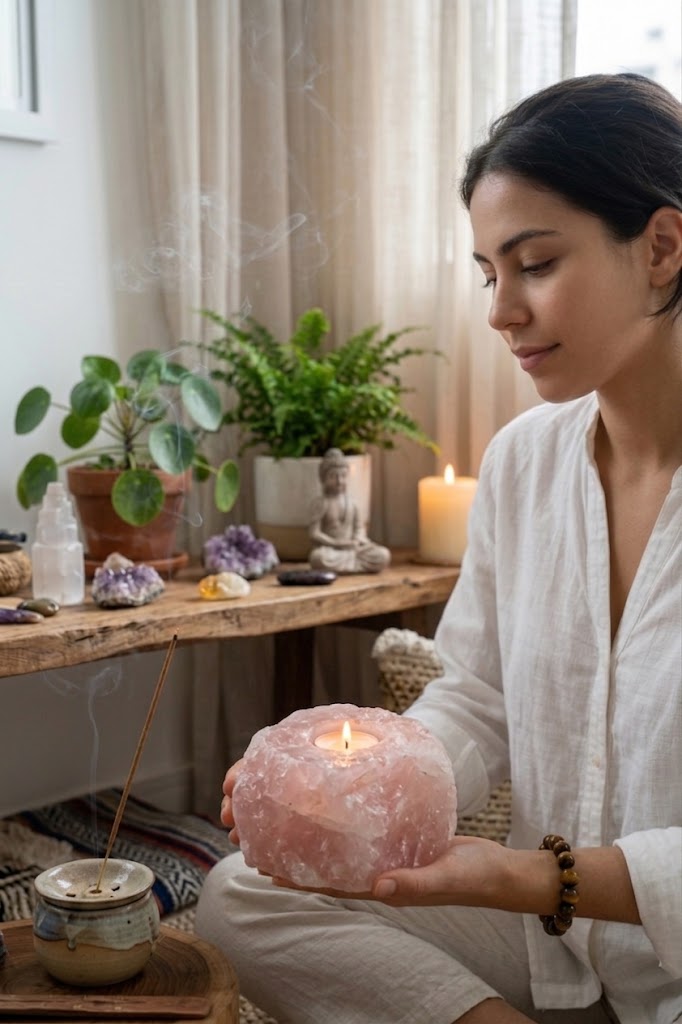 Porta-vela confeccionado em Quartzo Rosa Natural peça exclusiva.