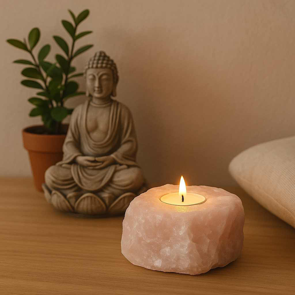 Porta-vela confeccionado em Quartzo Rosa Natural peça exclusiva.