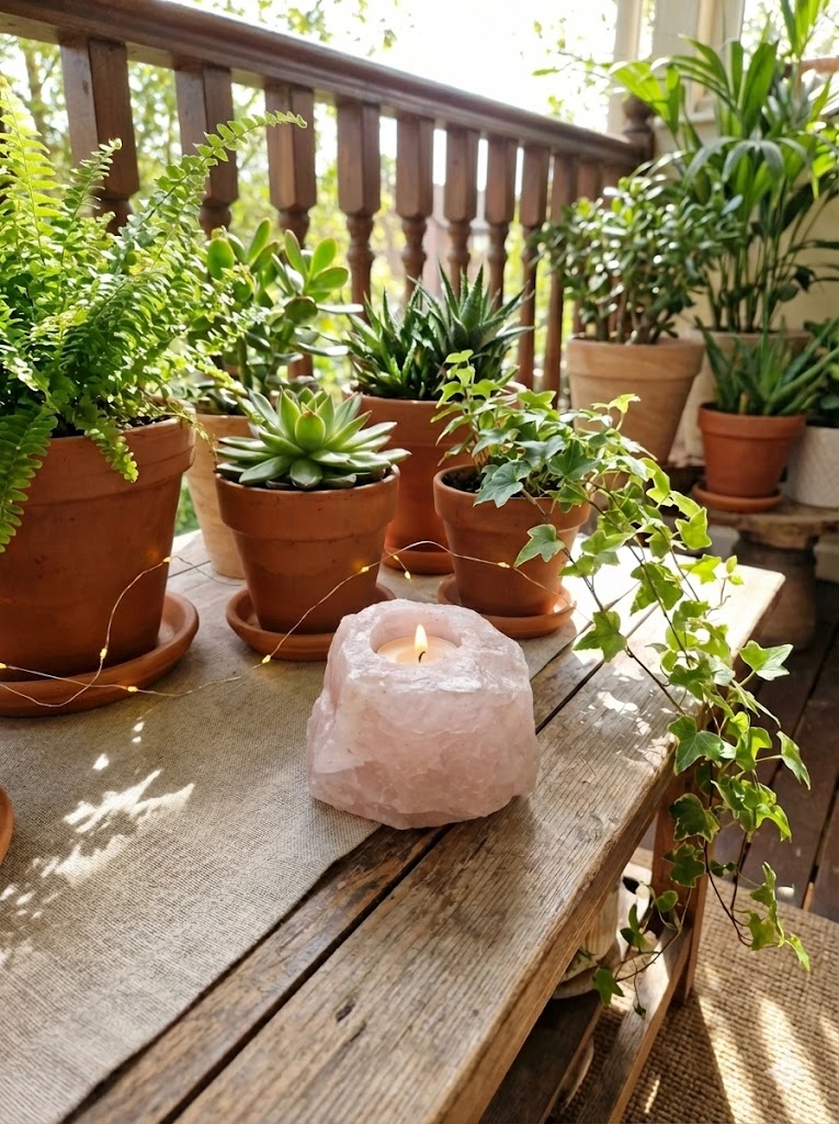 Porta-velas em Quartzo Rosa Natural com vela acesa do Trono do Amor Mãe Oxum.