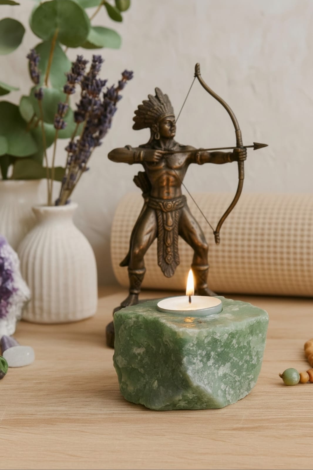 Porta-velas em Quartzo Verde Natural com vela acesa do Trono do Conhecimento Pai Oxóssi.