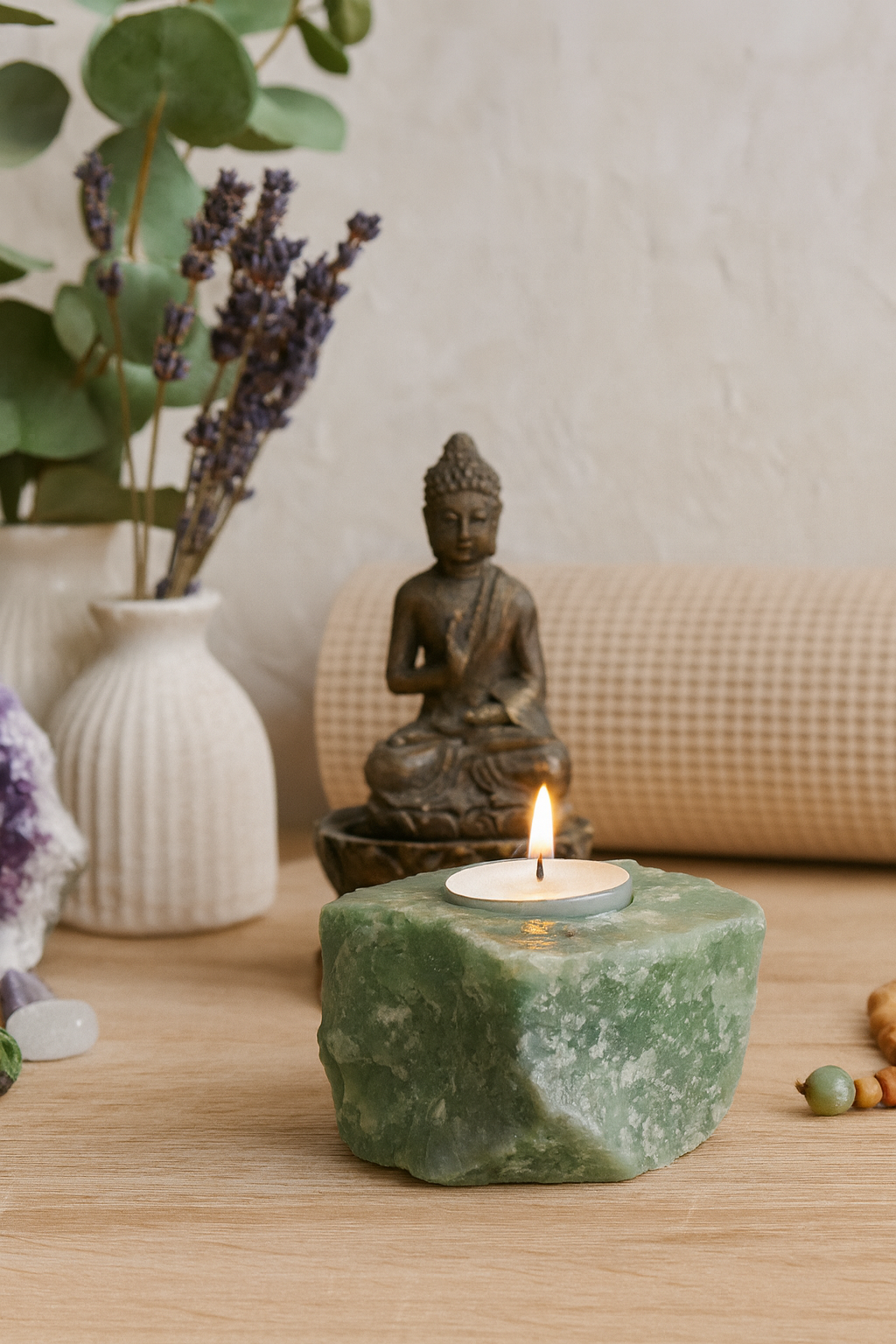 Porta-velas em cristal Quartzo Verde Natural para decoração elegante.