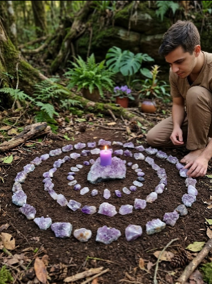 Porta-velas em drusa de ametista natural com vela branca decorativa.