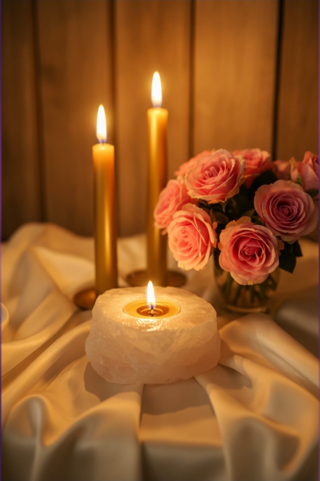 Porta-velas em pedra natural Quartzo Rosa coleção Roupas do Axê.