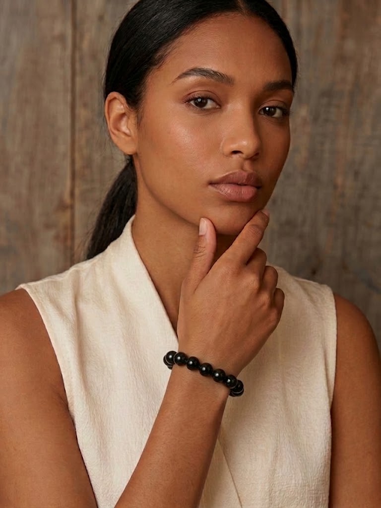 Pulseira de Ônix Natural Tipo A – Pedra de Proteção e Firmeza | Pedra de Exû | Roupas de Umbanda