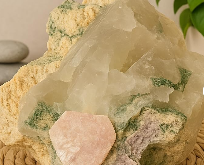 Quartzo Leitoso Natural com Clorita Verde e Mica Rosa Premium 1,178 kg – Tronos do Amor e do Conhecimento
