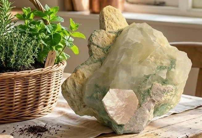 Quartzo Leitoso Natural com Clorita Verde fotografado na mão destacando tamanho e detalhes da formação mineral