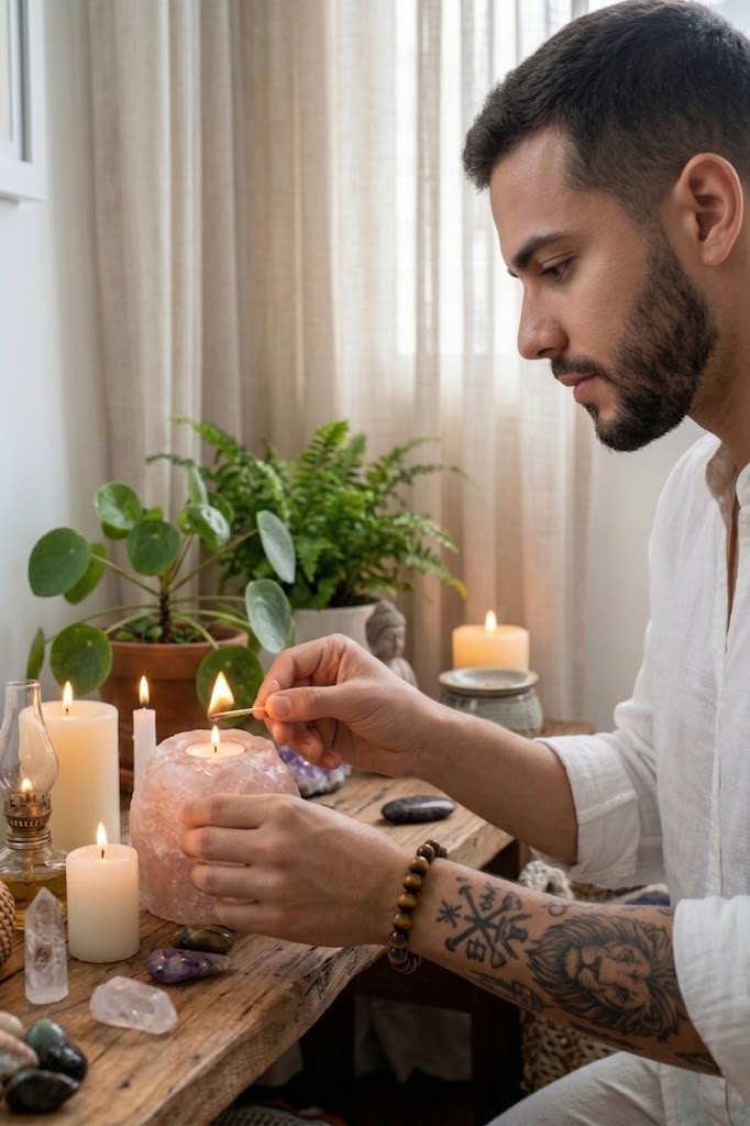 Quartzo Rosa Natural utilizado como porta-velas decorativo.
