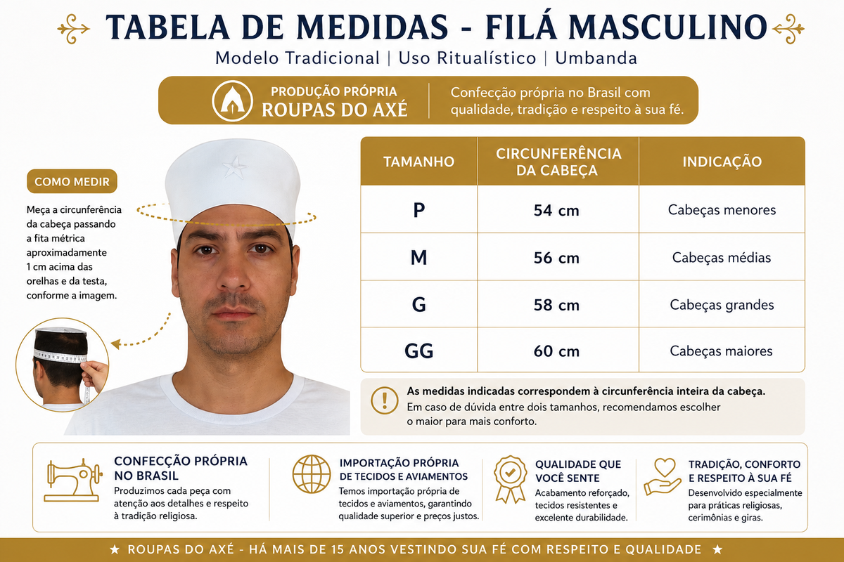 Tabela de medidas Filá Masculino - Roupas do Axê 