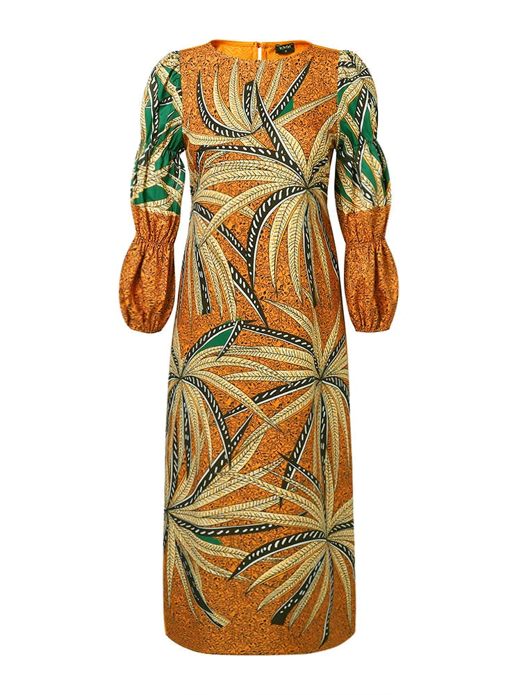 Vestido Feminino Abaya Longo Vintage Estampa Digital Algodão Manga Bufante Religioso Ceremônia Yoruba 