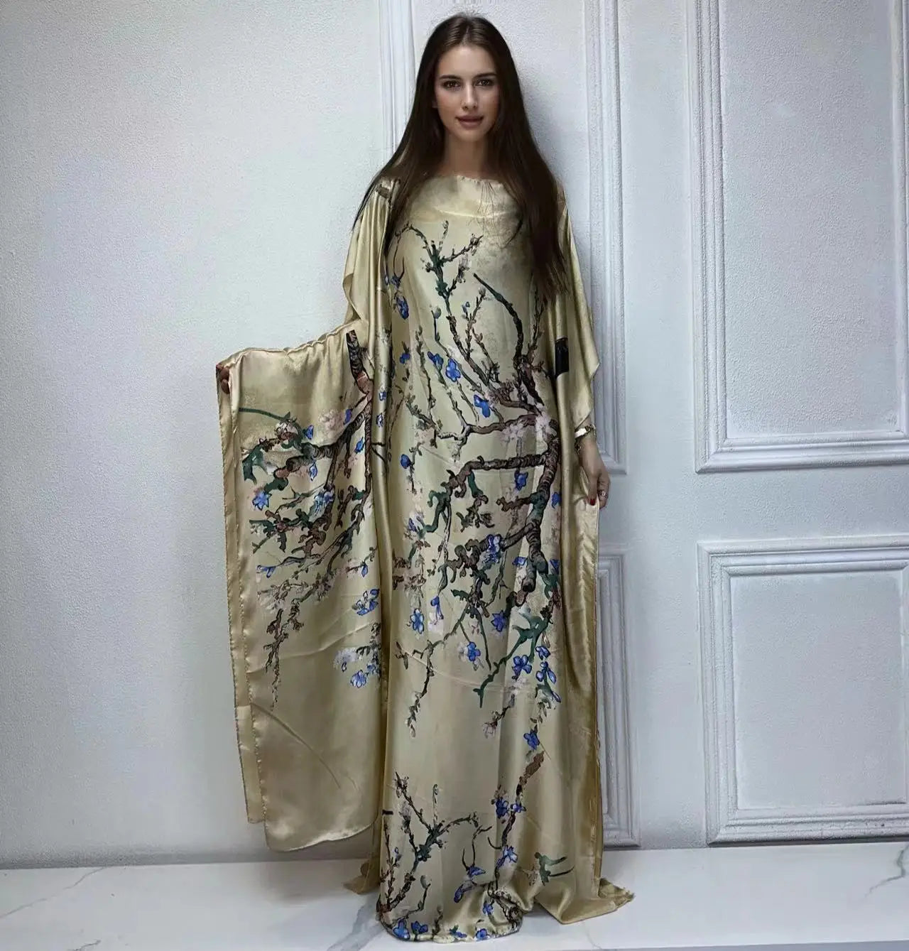 Vestido Feminino Abayas Kaftan Boho com Estampa Africana Digital e Xale Ceremônias e Cultos Yoruba 