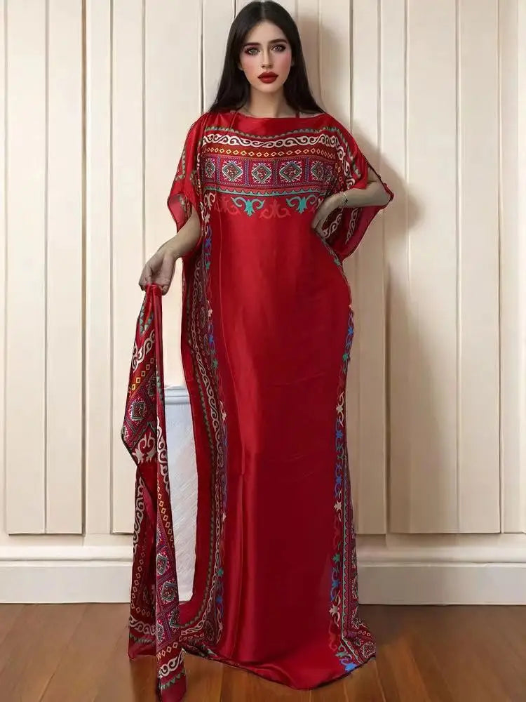 Vestido Feminino Abayas Kaftan Boho com Estampa Africana Digital e Xale Ceremônias e Cultos Yoruba 
