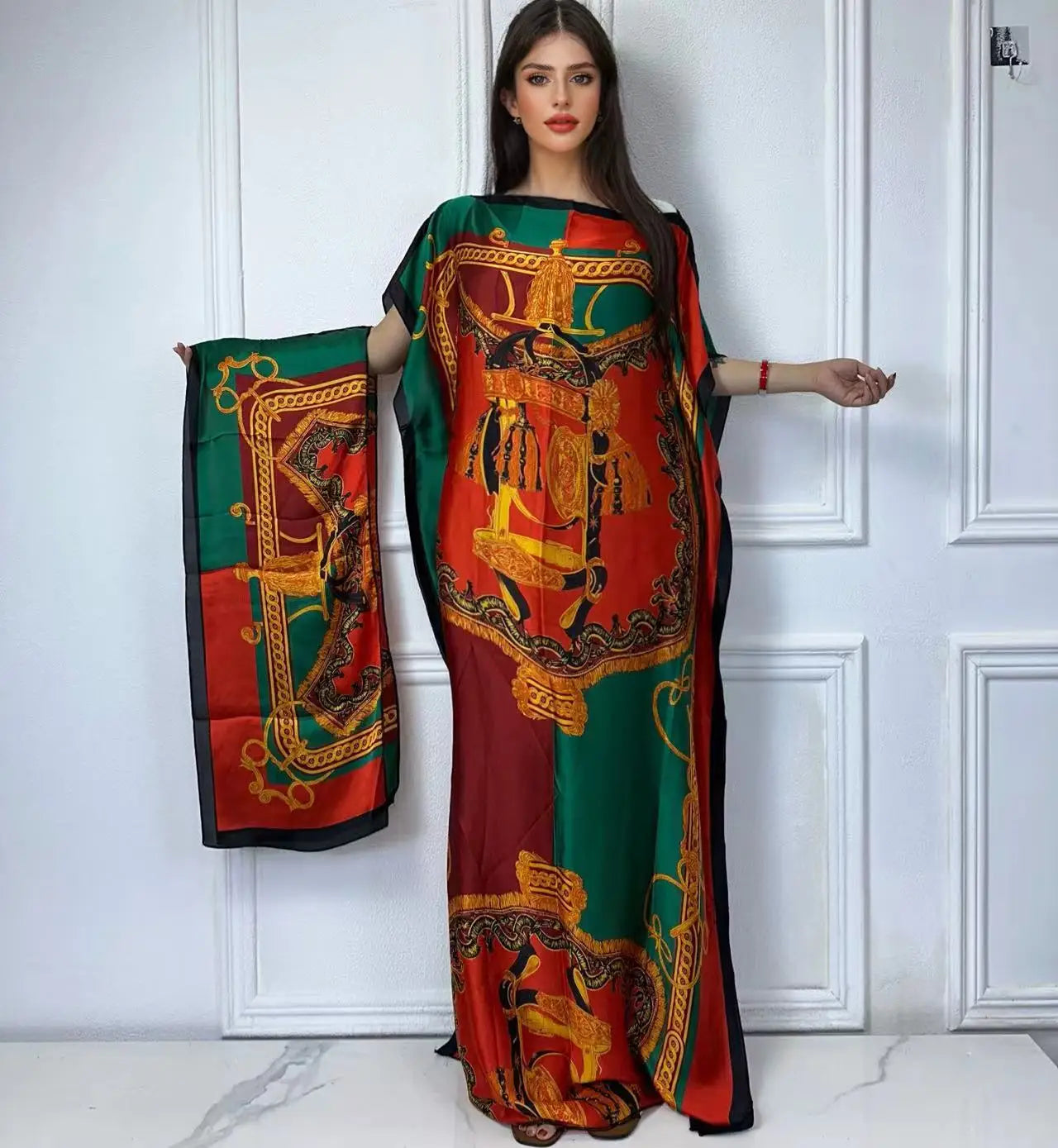 Vestido Feminino Abayas Kaftan Boho com Estampa Africana Digital e Xale Ceremônias e Cultos Yoruba 