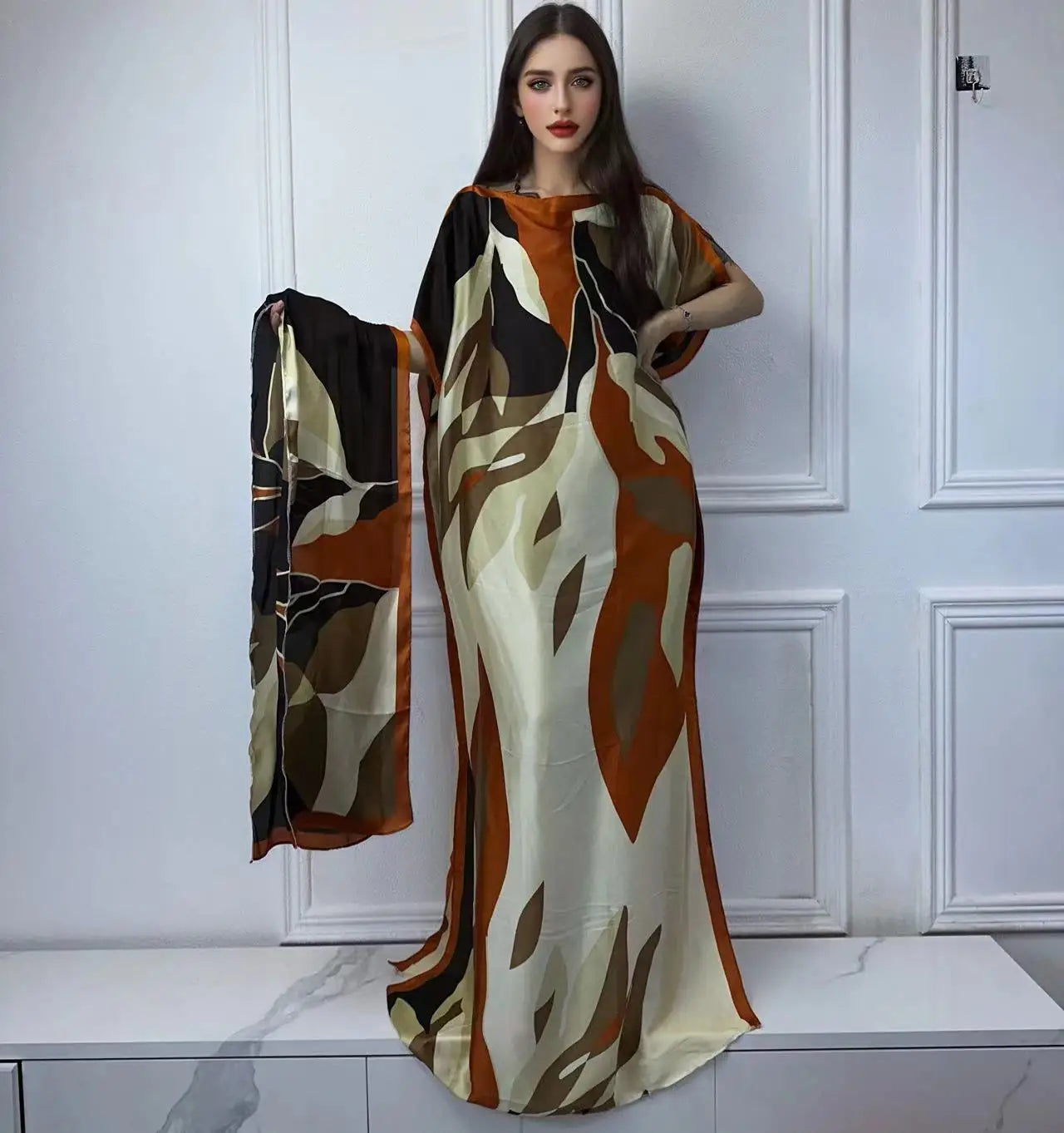 Vestido Feminino Abayas Kaftan Boho com Estampa Africana Digital e Xale Ceremônias e Cultos Yoruba 