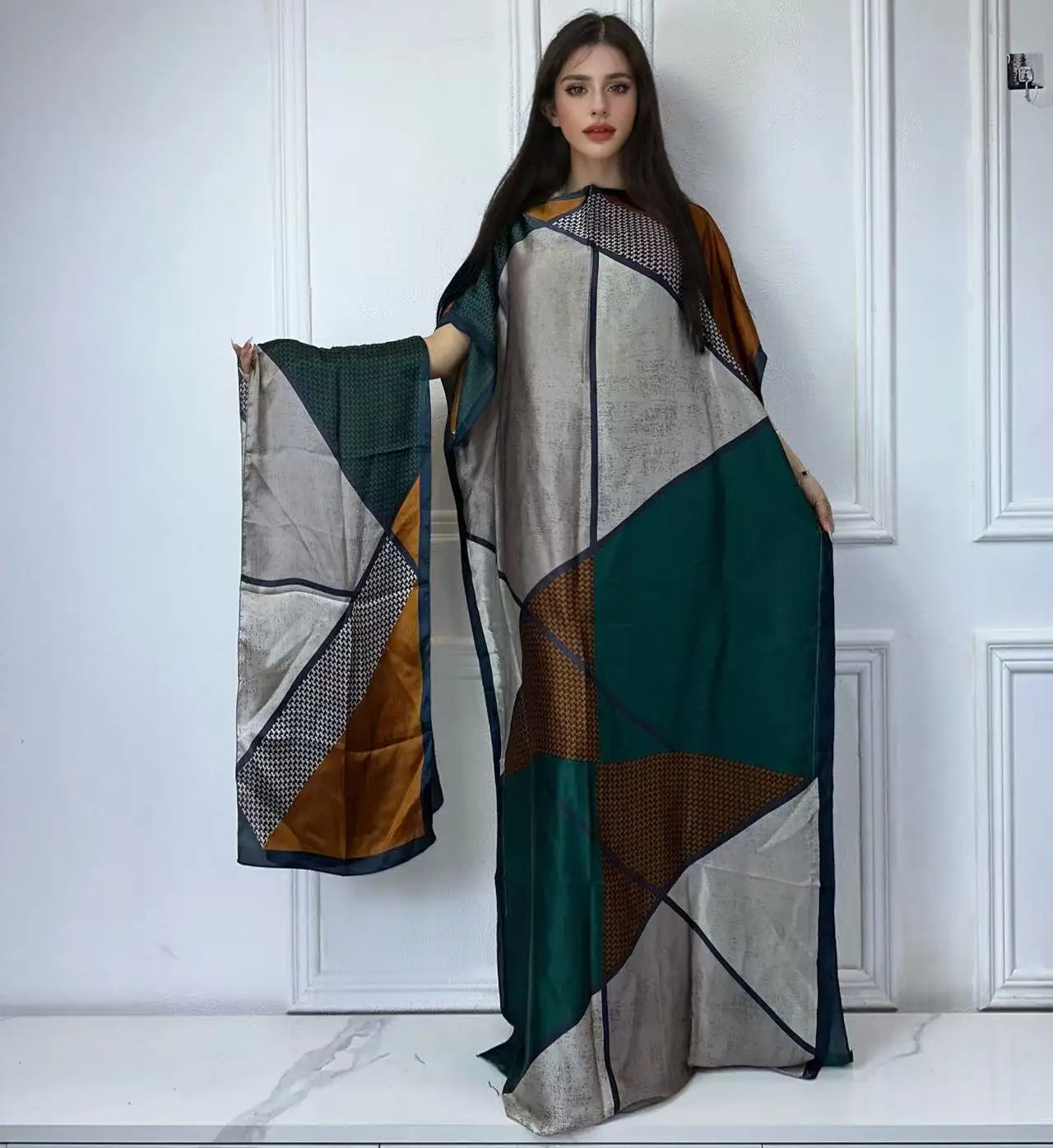 Vestido Feminino Abayas Kaftan Boho com Estampa Africana Digital e Xale Ceremônias e Cultos Yoruba 