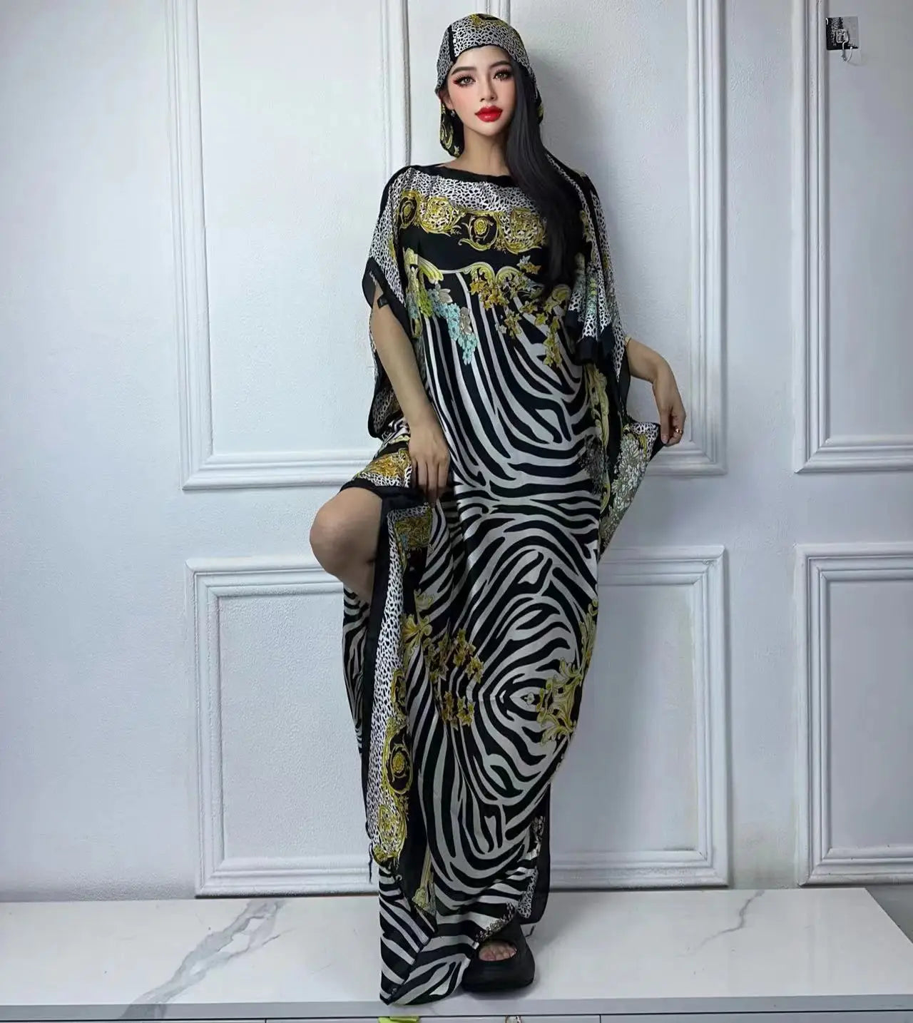 Vestido Feminino Abayas Kaftan Boho com Estampa Africana Digital e Xale Ceremônias e Cultos Yoruba 