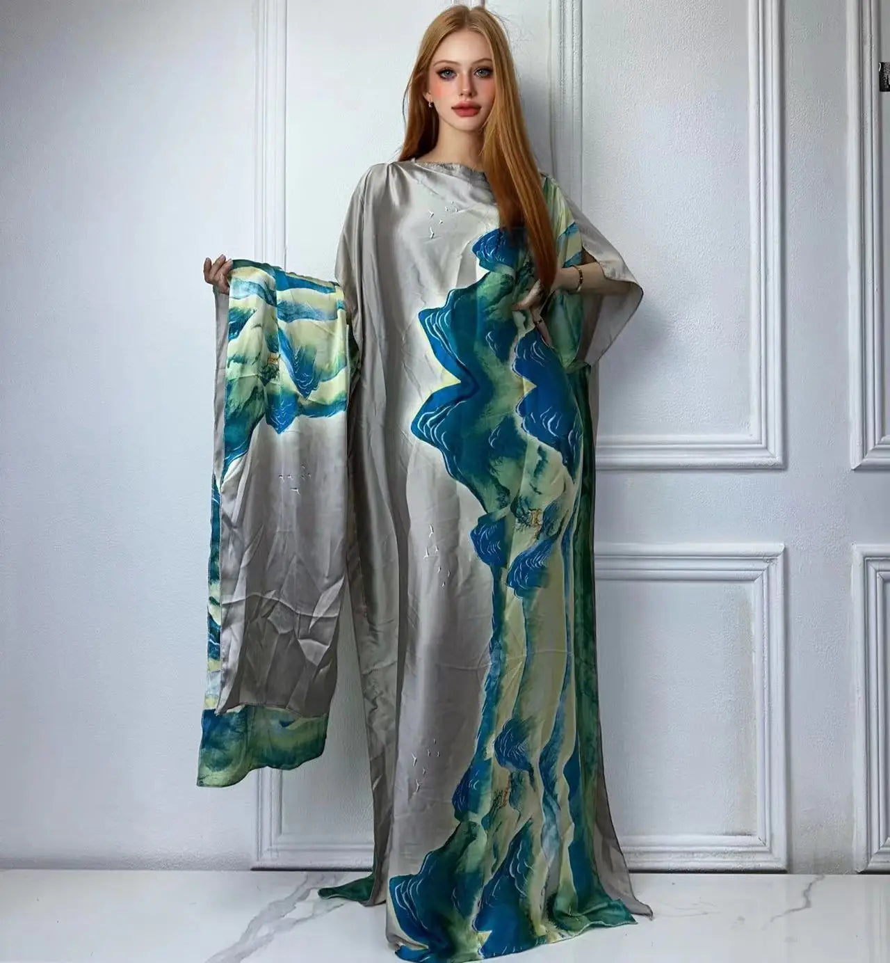 Vestido Feminino Abayas Kaftan Boho com Estampa Africana Digital e Xale Ceremônias e Cultos Yoruba 