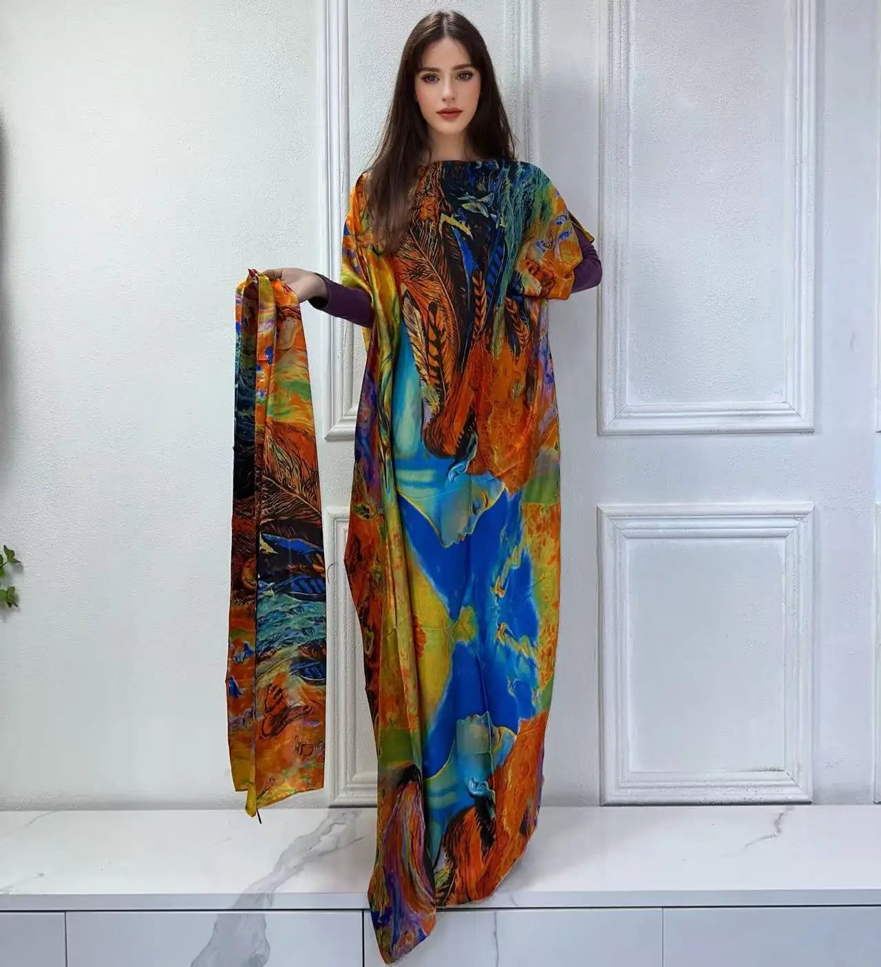 Vestido Feminino Abayas Kaftan Boho com Estampa Africana Digital e Xale Ceremônias e Cultos Yoruba  