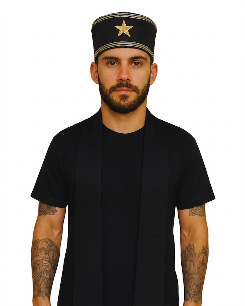 Filá Masculino Sacerdócio com Detalhe Dourado  Roupas Umbanda Axê Terreiro Gira Brancas Ceremônia Ritual Iniciação Sacerdote Medium