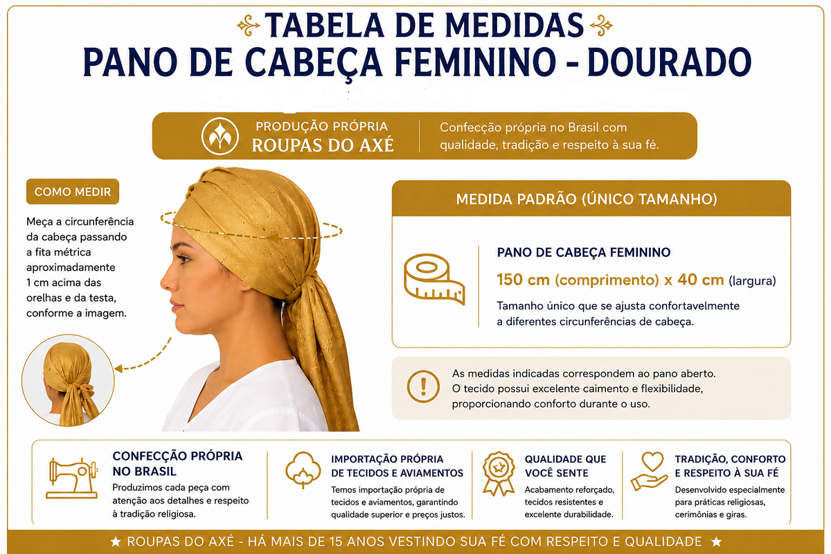 Pano de Cabeça e Estola Feminino Sacerdotal Dourado Turbante Roupas de Umbanda Terreiro