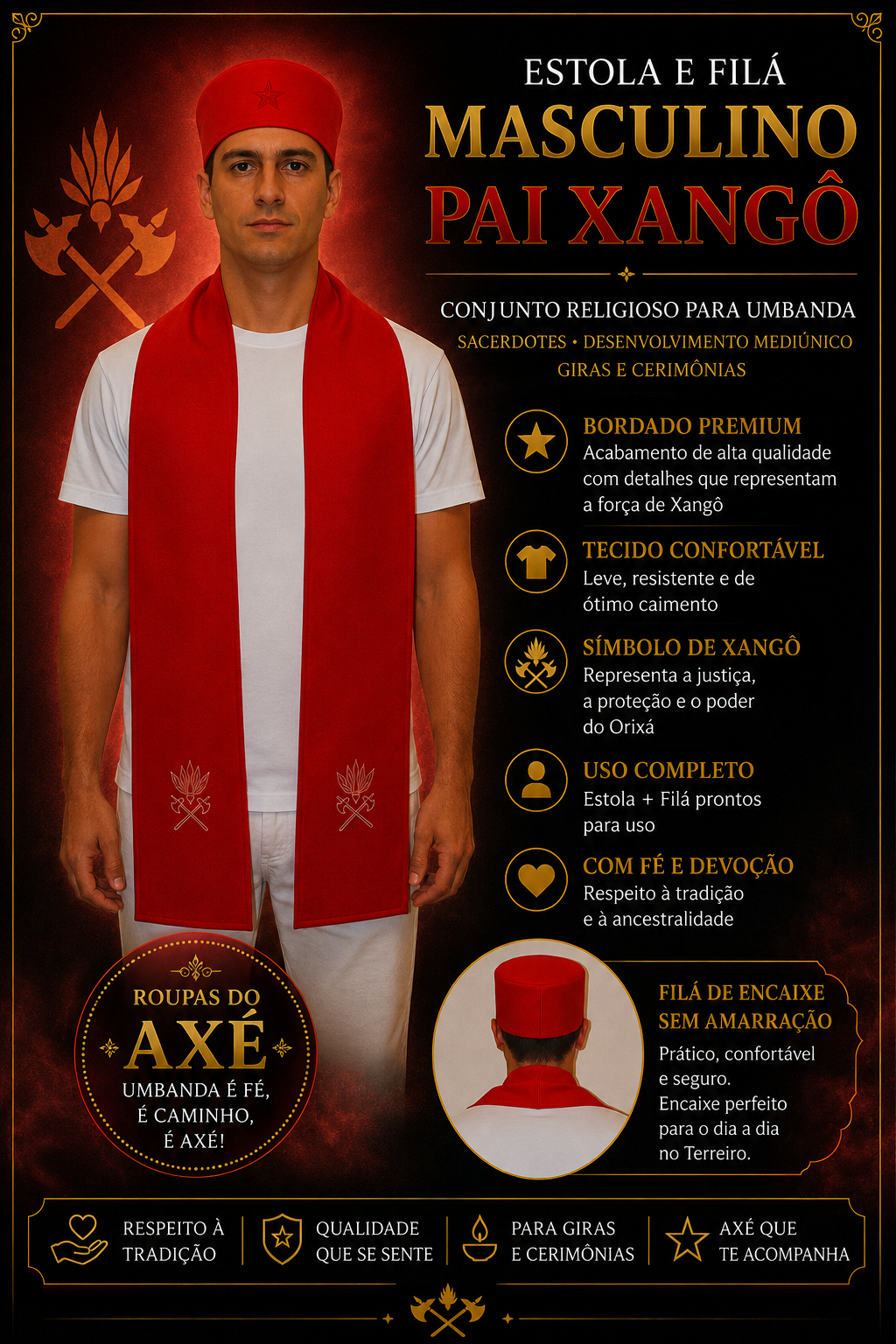 Conjunto Estola e Filá Masculino com o Símbolo Bordado do Pai Xangô | Premium para Umbanda | Roupas do Axê