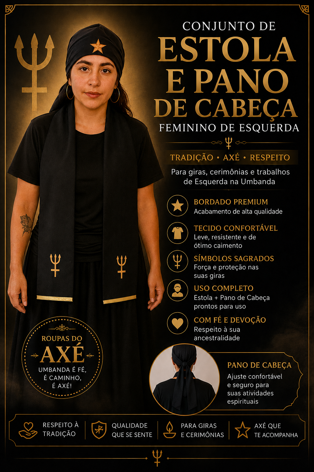 Conjunto Estola e Pano de Cabeça Feminino para Gira de Esquerda – Bordado Premium para Umbanda |Roupas Umbanda Axê Terreiro Gira Esquerda Medium Sacerdotisa