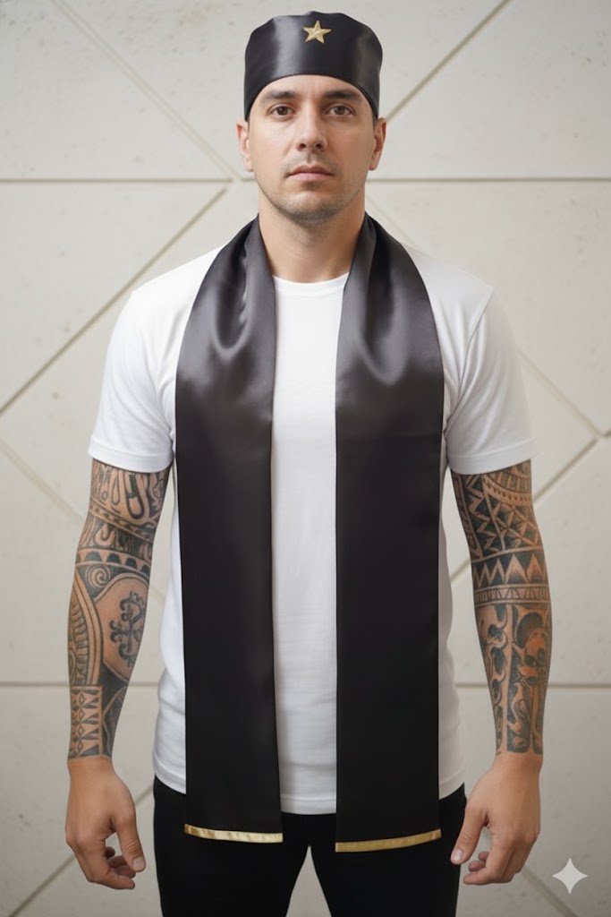 Estola e Filá Masculino Preto Roupas Umbanda Axê Terreiro Gira Esquerda Sacerdotal Medium